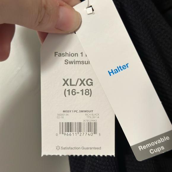 TIME & TRU Black Scallop Halter waffle knit keyhole One-Piece Swimsuit XL(16-18) - Picture 6 of 6